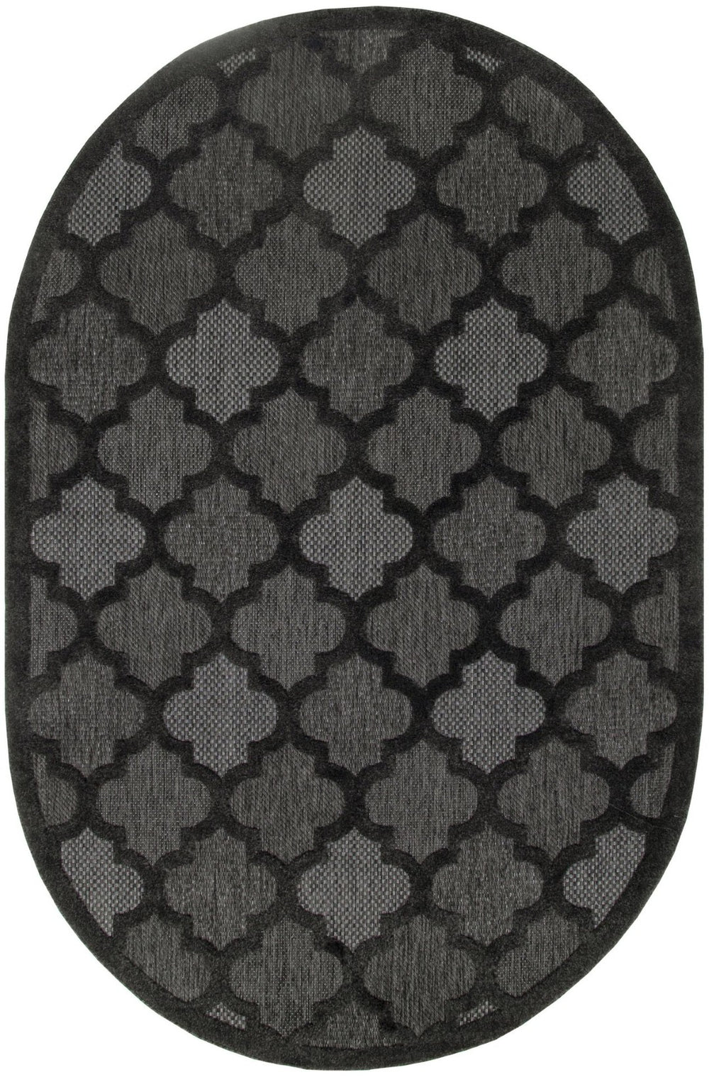 HomeRoots 6' Charcoal and Black Trellis Area Rug - Durable, Elegant Oval Design for Indoor & Outdoor Use 545225