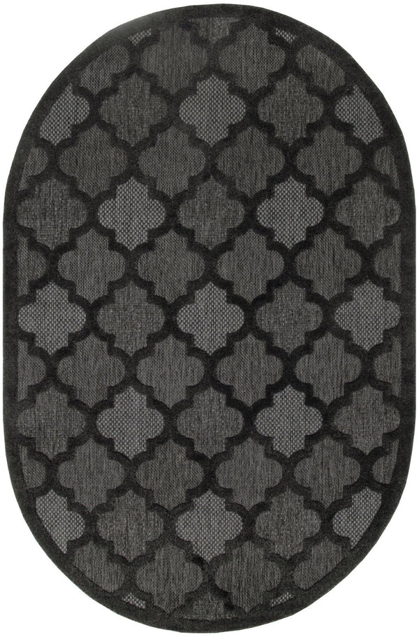 HomeRoots 6' Charcoal and Black Trellis Area Rug - Durable, Elegant Oval Design for Indoor & Outdoor Use 545225
