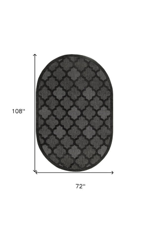 HomeRoots 6' Charcoal and Black Trellis Area Rug - Durable, Elegant Oval Design for Indoor & Outdoor Use 545225