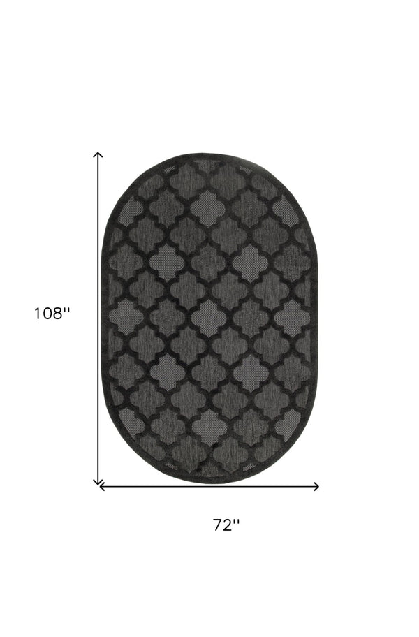 HomeRoots 6' Charcoal and Black Trellis Area Rug - Durable, Elegant Oval Design for Indoor & Outdoor Use 545225