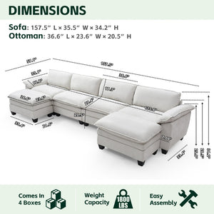 English Elm Living Room U-shape Chenille Sectional Sofa with Two Ottomans Pocket Coil Support Beige W1097S00237