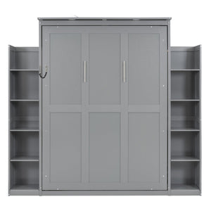 English Elm Full Size Murphy Wall Bed with Led Lighting Side Storage Cabinets and Slatted Support Gray LP000694AAE-1