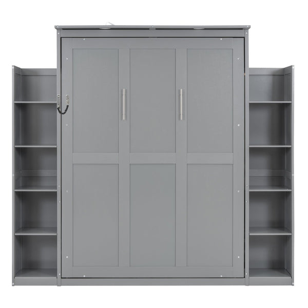 English Elm Full Size Murphy Wall Bed with Led Lighting Open Shelves Space Saving Cabinet Gray LP000694AAE-2
