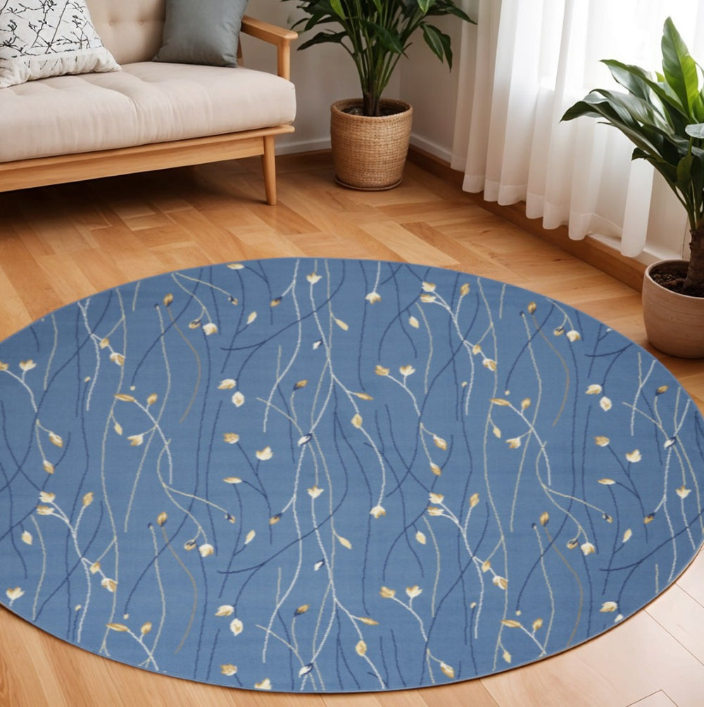 HomeRoots 6' Elegant Blue and Beige Floral Power Loom Area Rug - Timeless Design for Any Room Décor 8' Round 545319