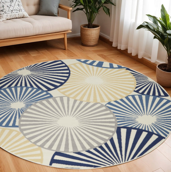 HomeRoots 7' Beige and Blue Geometric Power Loom Area Rug - Modern Style, Durable, Easy-Care for Any Room 8' Round 545324