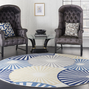 HomeRoots 7' Beige and Blue Geometric Power Loom Area Rug - Modern Style, Durable, Easy-Care for Any Room 8' Round 545324