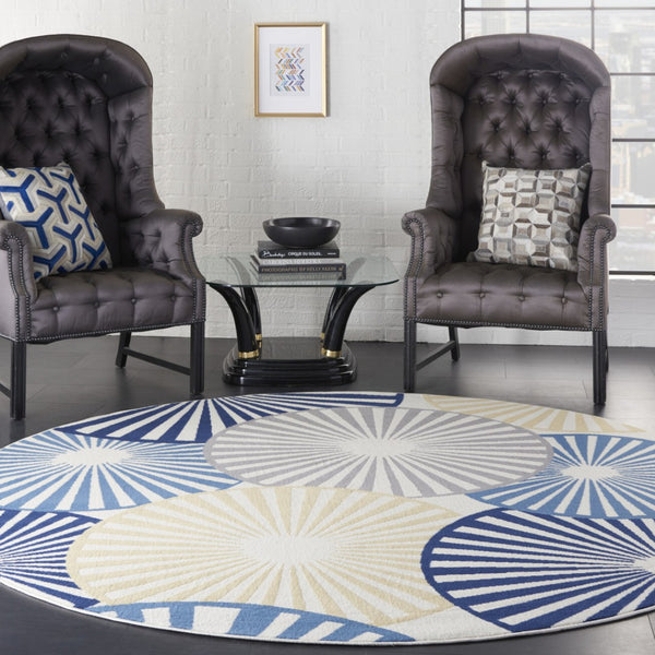 HomeRoots 7' Beige and Blue Geometric Power Loom Area Rug - Modern Style, Durable, Easy-Care for Any Room 8' Round 545324
