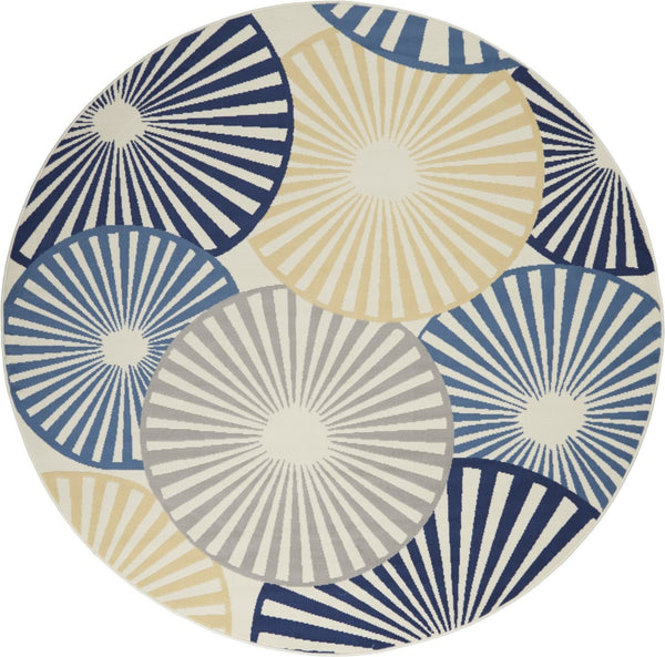 HomeRoots 7' Beige and Blue Geometric Power Loom Area Rug - Modern Style, Durable, Easy-Care for Any Room 8' Round 545324