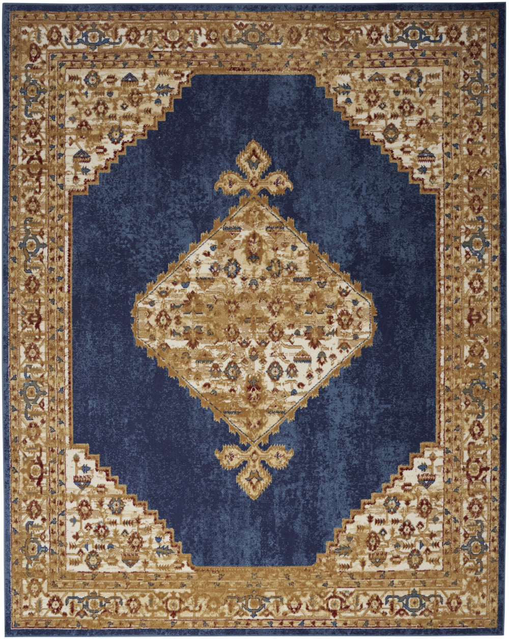 Homeroots 5' X 7' Blue And Gold Medallion Power Loom Distressed Area Rug  Polypropylene 545343