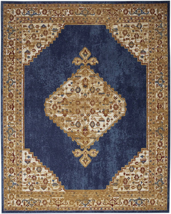 Homeroots 5' X 7' Blue And Gold Medallion Power Loom Distressed Area Rug  Polypropylene 545343