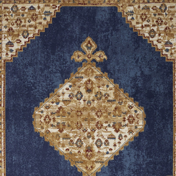 Homeroots 5' X 7' Blue And Gold Medallion Power Loom Distressed Area Rug  Polypropylene 545343
