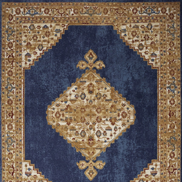 Homeroots 5' X 7' Blue And Gold Medallion Power Loom Distressed Area Rug  Polypropylene 545343