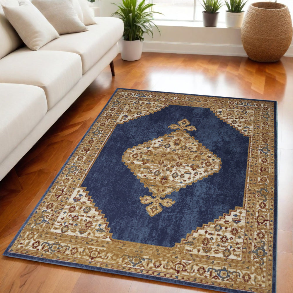Homeroots 5' X 7' Blue And Gold Medallion Power Loom Distressed Area Rug  Polypropylene 545343