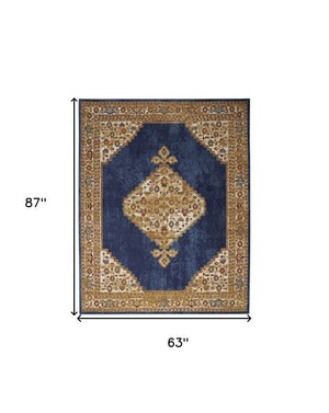 Homeroots 5' X 7' Blue And Gold Medallion Power Loom Distressed Area Rug  Polypropylene 545343