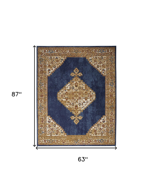 Homeroots 5' X 7' Blue And Gold Medallion Power Loom Distressed Area Rug  Polypropylene 545343