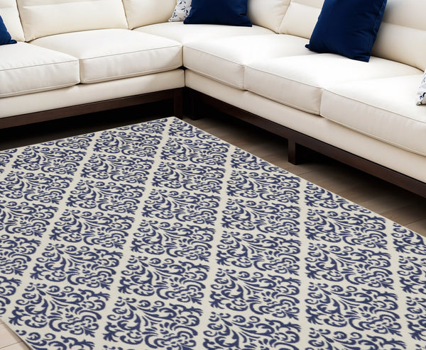 Homeroots 7' X 10' Blue And White Damask Power Loom Area Rug  Polypropylene 545345