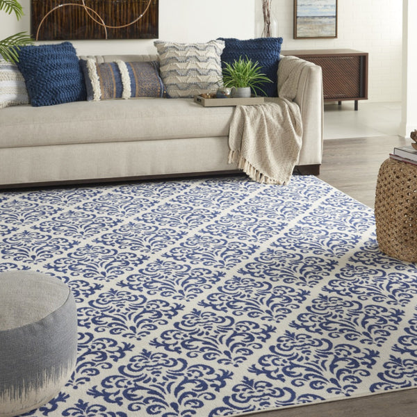 HomeRoots 7' Elegant Blue and White Damask Power Loom Area Rug for Timeless Style and Comfort in Any Room 7' X 10' 545345