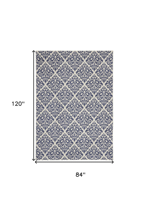 Homeroots 7' X 10' Blue And White Damask Power Loom Area Rug  Polypropylene 545345