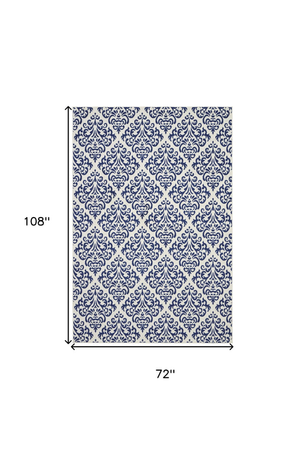 Homeroots 6' X 9' Blue And White Damask Power Loom Area Rug  Polypropylene 545349