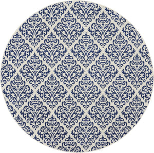 Homeroots 8' Blue And White Round Damask Power Loom Area Rug  Polypropylene 545350