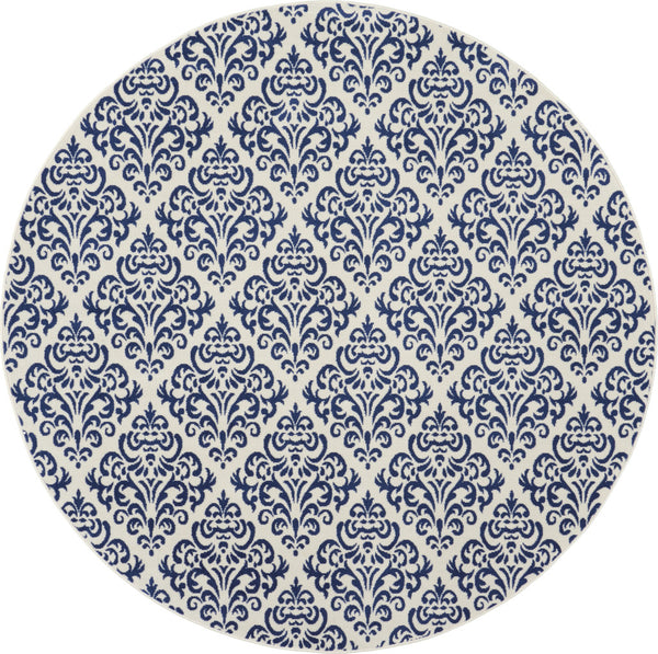Homeroots 8' Blue And White Round Damask Power Loom Area Rug  Polypropylene 545350