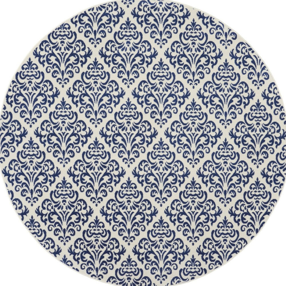 HomeRoots 8' Blue and White Damask Area Rug – Timeless Elegance for Your Living Space and Dining Areas 8' Round 545350