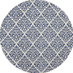 Homeroots 8' Blue And White Round Damask Power Loom Area Rug  Polypropylene 545350