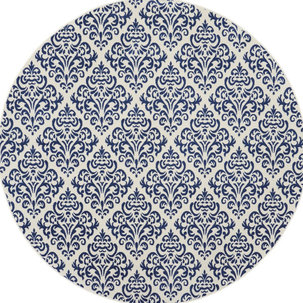 Homeroots 8' Blue And White Round Damask Power Loom Area Rug  Polypropylene 545350