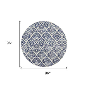 Homeroots 8' Blue And White Round Damask Power Loom Area Rug  Polypropylene 545350