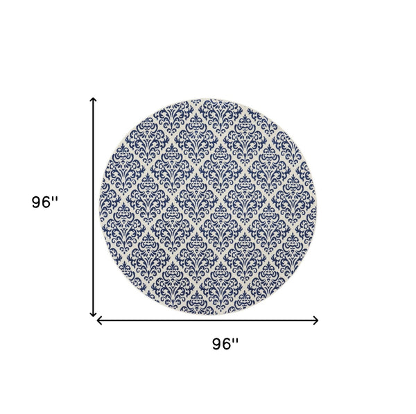 Homeroots 8' Blue And White Round Damask Power Loom Area Rug  Polypropylene 545350