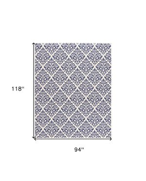 Homeroots 8' X 10' Blue And White Damask Power Loom Area Rug  Polypropylene 545356