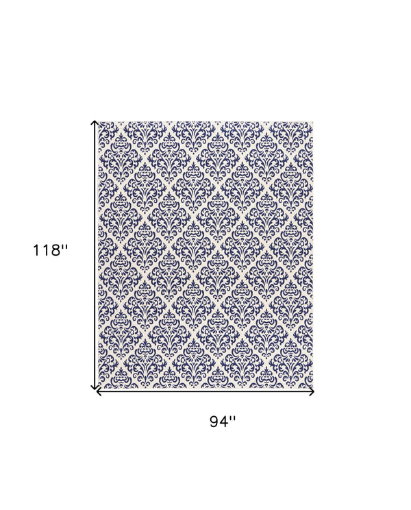 Homeroots 8' X 10' Blue And White Damask Power Loom Area Rug  Polypropylene 545356