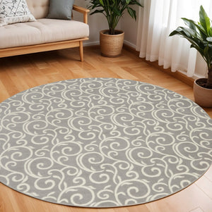 HomeRoots 8' Gray and Ivory Floral Vines Area Rug – Elegant Power Loom Design for Modern Living Spaces 8' Round 545368