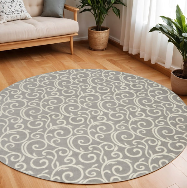 HomeRoots 8' Gray and Ivory Floral Vines Area Rug – Elegant Power Loom Design for Modern Living Spaces 8' Round 545368
