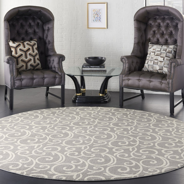 HomeRoots 8' Gray and Ivory Floral Vines Area Rug – Elegant Power Loom Design for Modern Living Spaces 8' Round 545368
