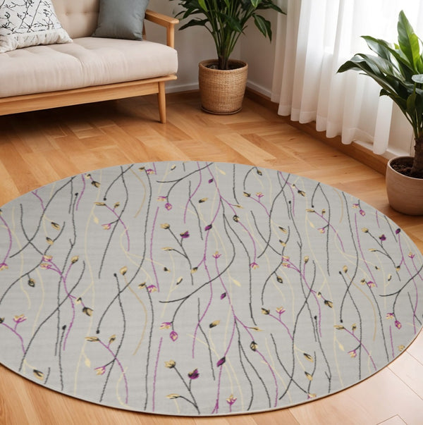 HomeRoots 6' Gray and Pink Floral Area Rug - Timeless Charm with Durable Power Loom Construction for Any Room 8' Round 545369