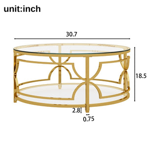 English Elm Round Tempered Glass Coffee Table with Gold Geometric Metal Base and Open Storage Shelf Transparent N735P396530K
