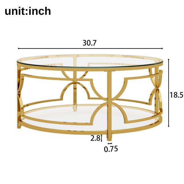 English Elm Round Tempered Glass Coffee Table with Gold Geometric Metal Base and Open Storage Shelf Transparent N735P396530K