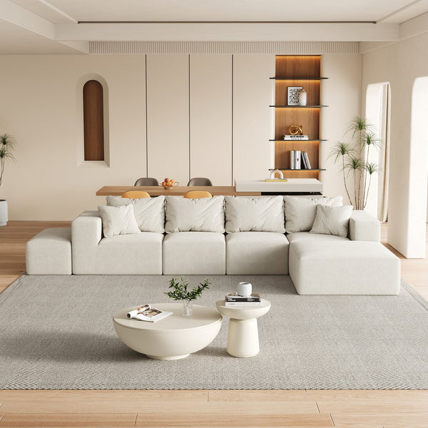 English Elm Modern Upholstered Modular Sectional Sofa Set 132" L-Shaped No-Assembly Chenille Comfort Hub with 6 Pillows Beige W834S00498