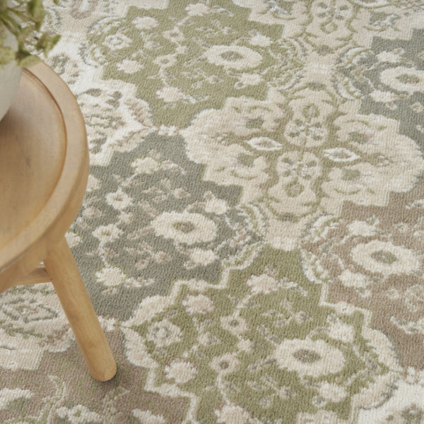 HomeRoots 8' Medallion Area Rug in Green and Ivory - Vintage-Inspired, Durable Power Loom Design for Any Space 8' X 10' 545392
