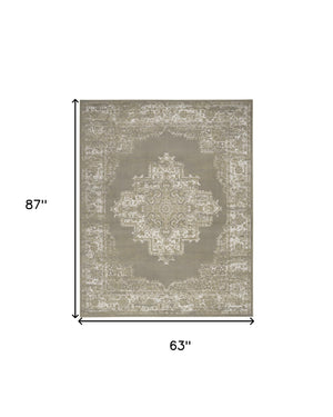Homeroots 5' X 7' Green And Ivory Medallion Power Loom Distressed Area Rug  Polypropylene 545394