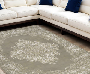 Homeroots 8' X 10' Green And Ivory Medallion Power Loom Distressed Area Rug  Polypropylene 545395