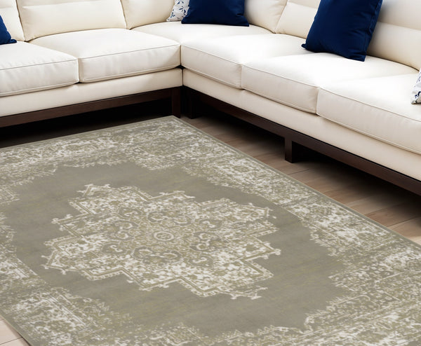 Homeroots 8' X 10' Green And Ivory Medallion Power Loom Distressed Area Rug  Polypropylene 545395