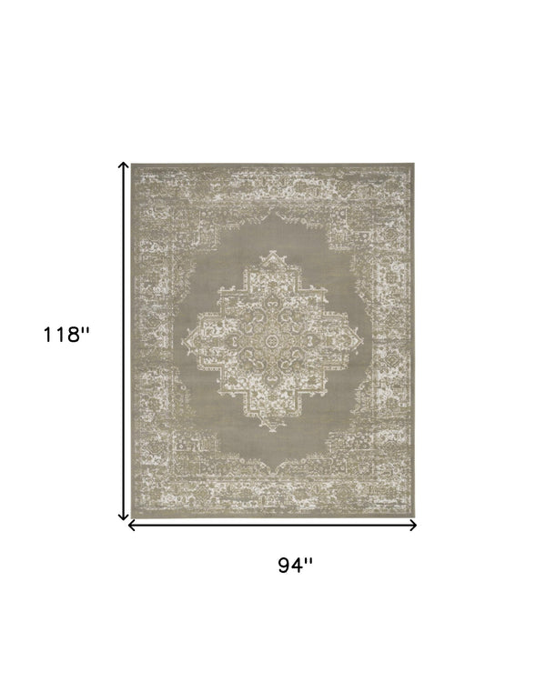 Homeroots 8' X 10' Green And Ivory Medallion Power Loom Distressed Area Rug  Polypropylene 545395