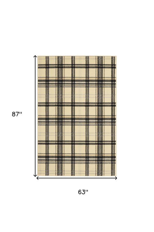 Homeroots 5' X 7' Beige And Black Plaid Power Loom Area Rug  Polypropylene 545399