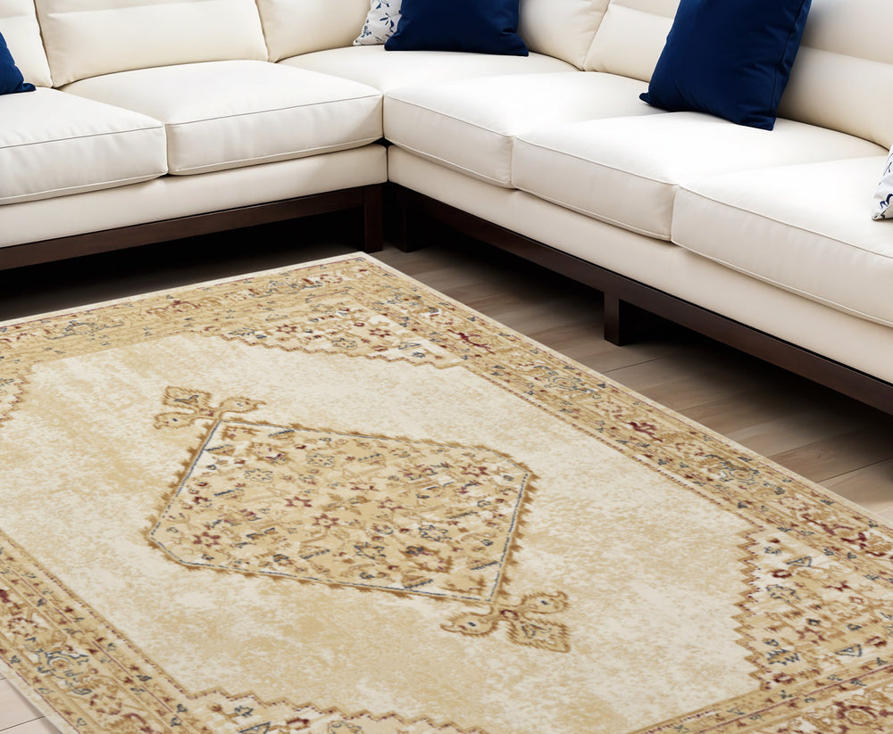 Homeroots 8' X 10' Beige And Ivory Medallion Power Loom Distressed Area Rug  Polypropylene 545412