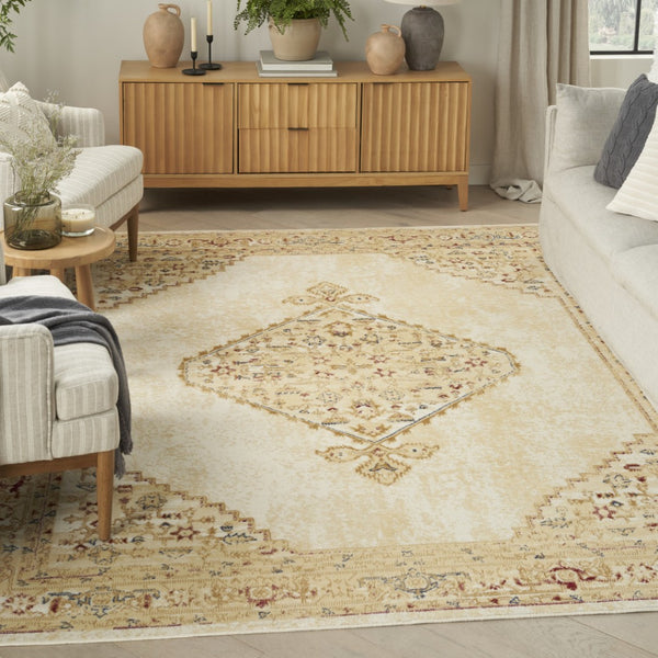HomeRoots 8' Beige and Ivory Medallion Area Rug - Timeless Distressed Design for Elegant Home Interiors 8' X 10' 545412