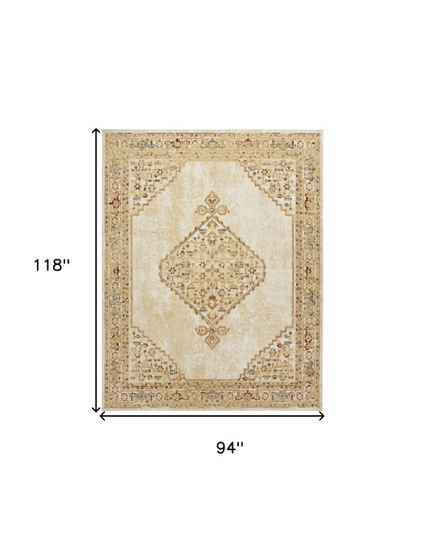 Homeroots 8' X 10' Beige And Ivory Medallion Power Loom Distressed Area Rug  Polypropylene 545412
