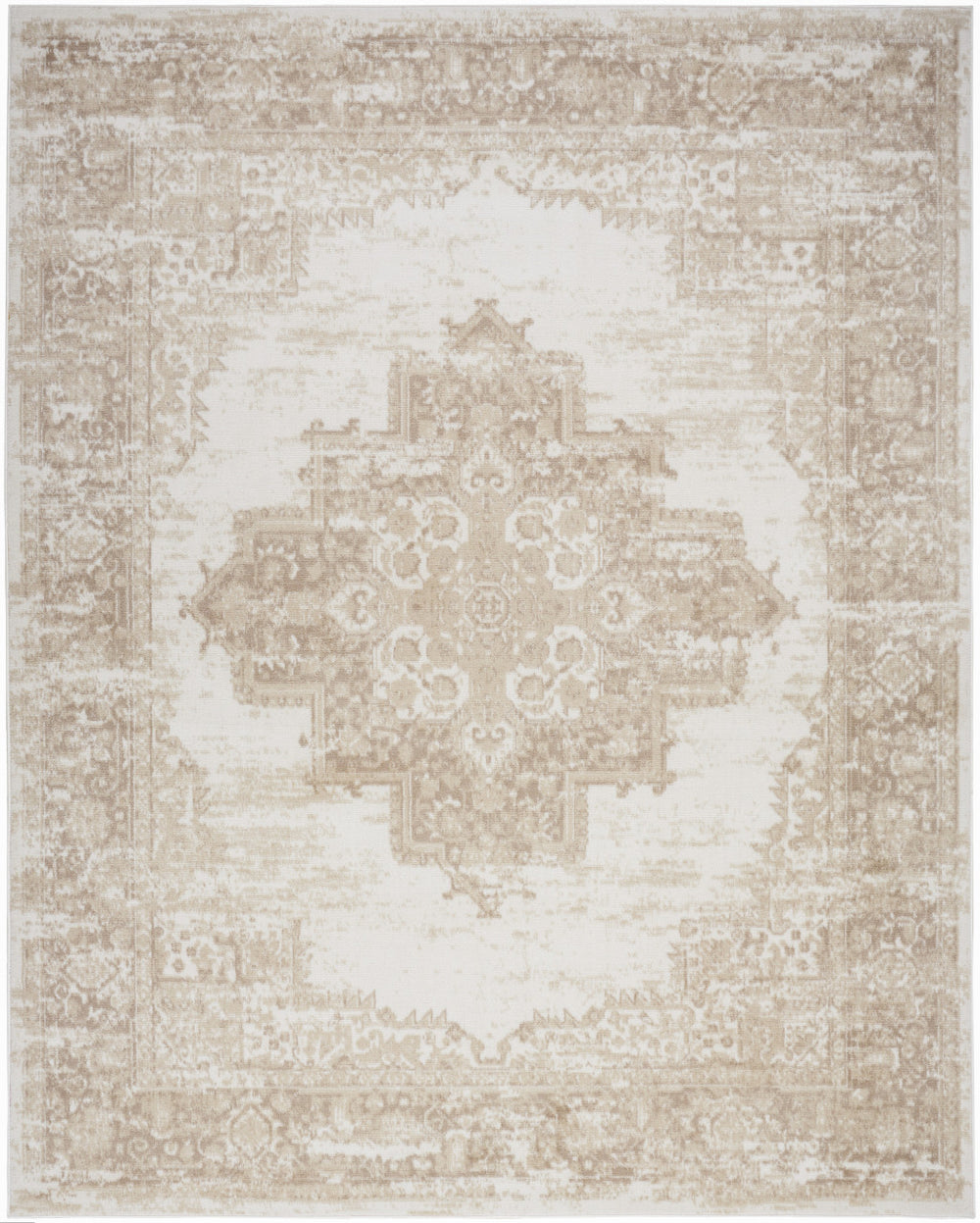 Homeroots 5' X 7' Beige And Ivory Medallion Power Loom Distressed Area Rug  Polypropylene 545415