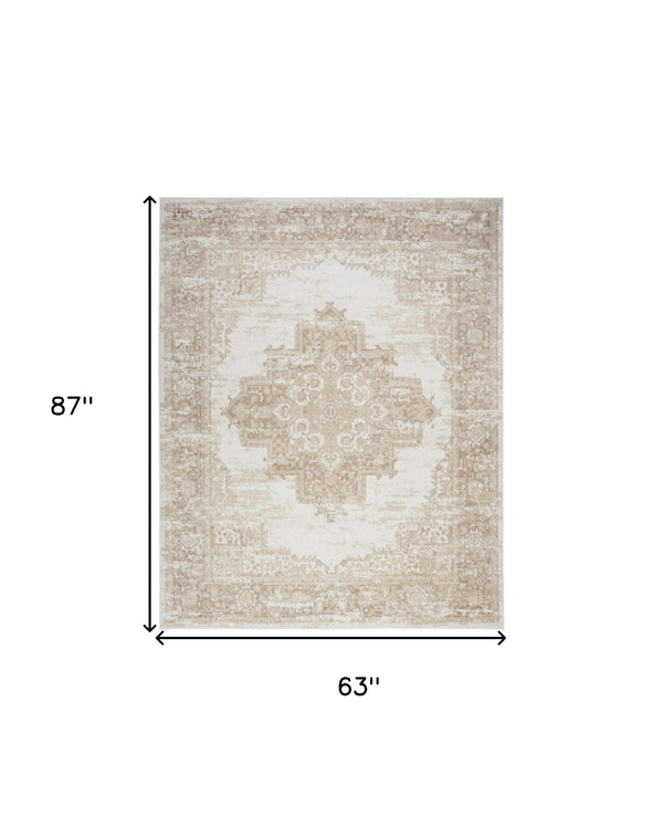 Homeroots 5' X 7' Beige And Ivory Medallion Power Loom Distressed Area Rug  Polypropylene 545415